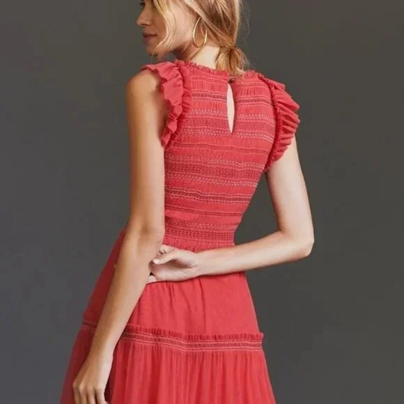 Anthropologie Smocked Ruffle Tiered Tulle Midi Red Pink Dress - Picture 2 of 11